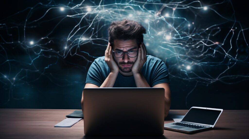 Indivíduo sobrecarregado sentado em frente a um laptop, com as mãos na cabeça, diante de um fundo de conexões neurais iluminadas, refletindo a complexidade de aprender sobre ‘Forex como investir’