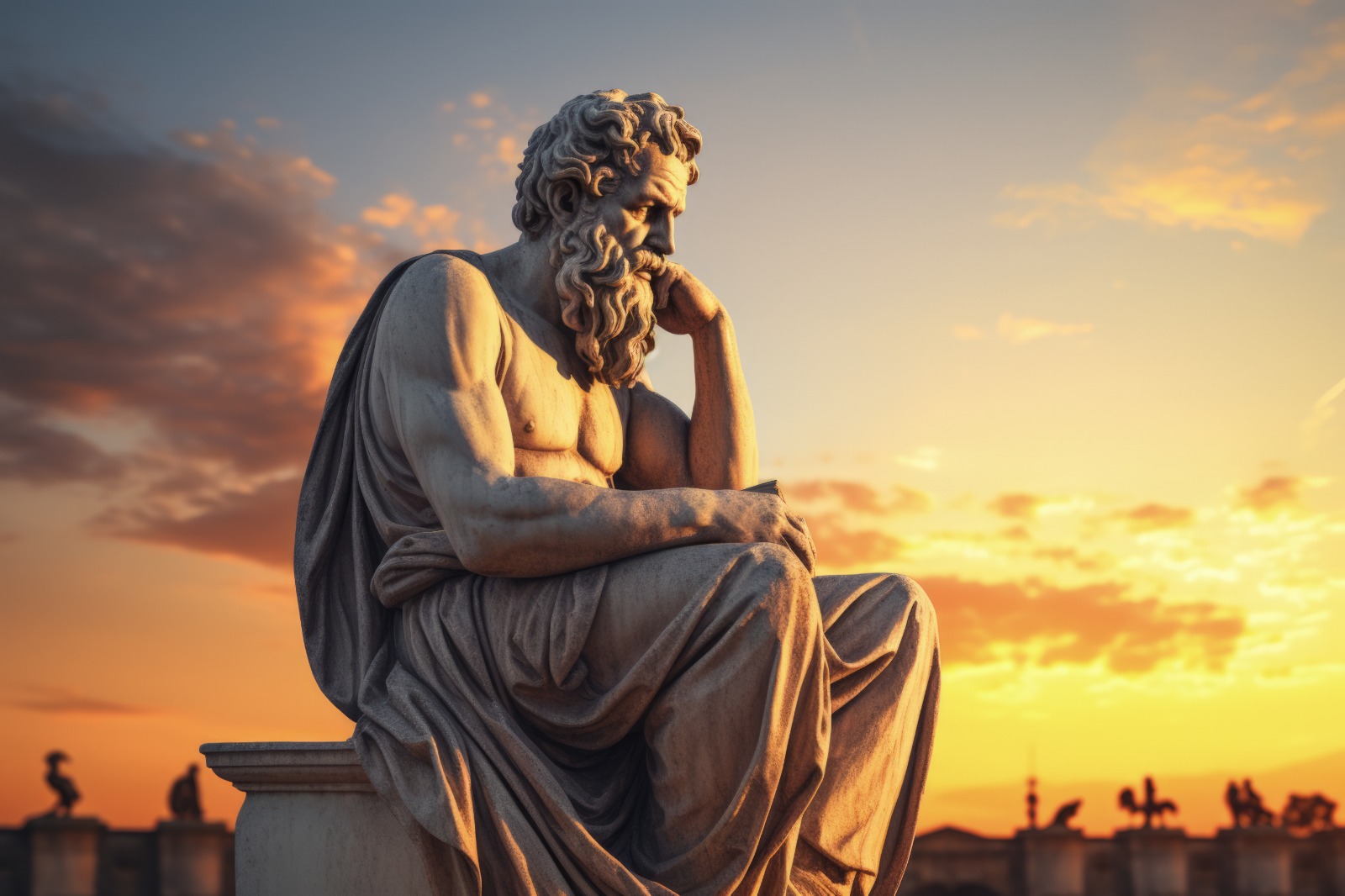Estátua de Sócrates em pose pensativa, iluminada pelo pôr do sol vibrante, evocando a contemplação sobre a filosofia e estratégias de ‘Forex como investir’