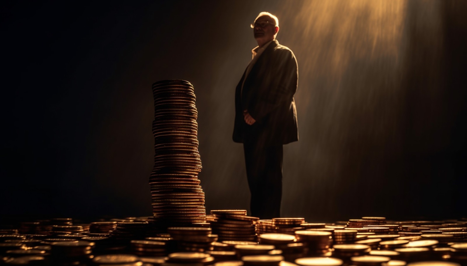 Uma pessoa em pé ao lado de uma pilha alta de moedas sob uma luz focada, cercada por um mar de moedas no chão escuro.
