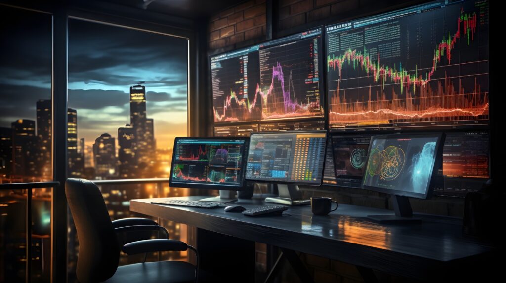 Escritório com vista para a cidade à noite, monitores exibindo gráficos do mercado financeiro e uma cadeira vazia.