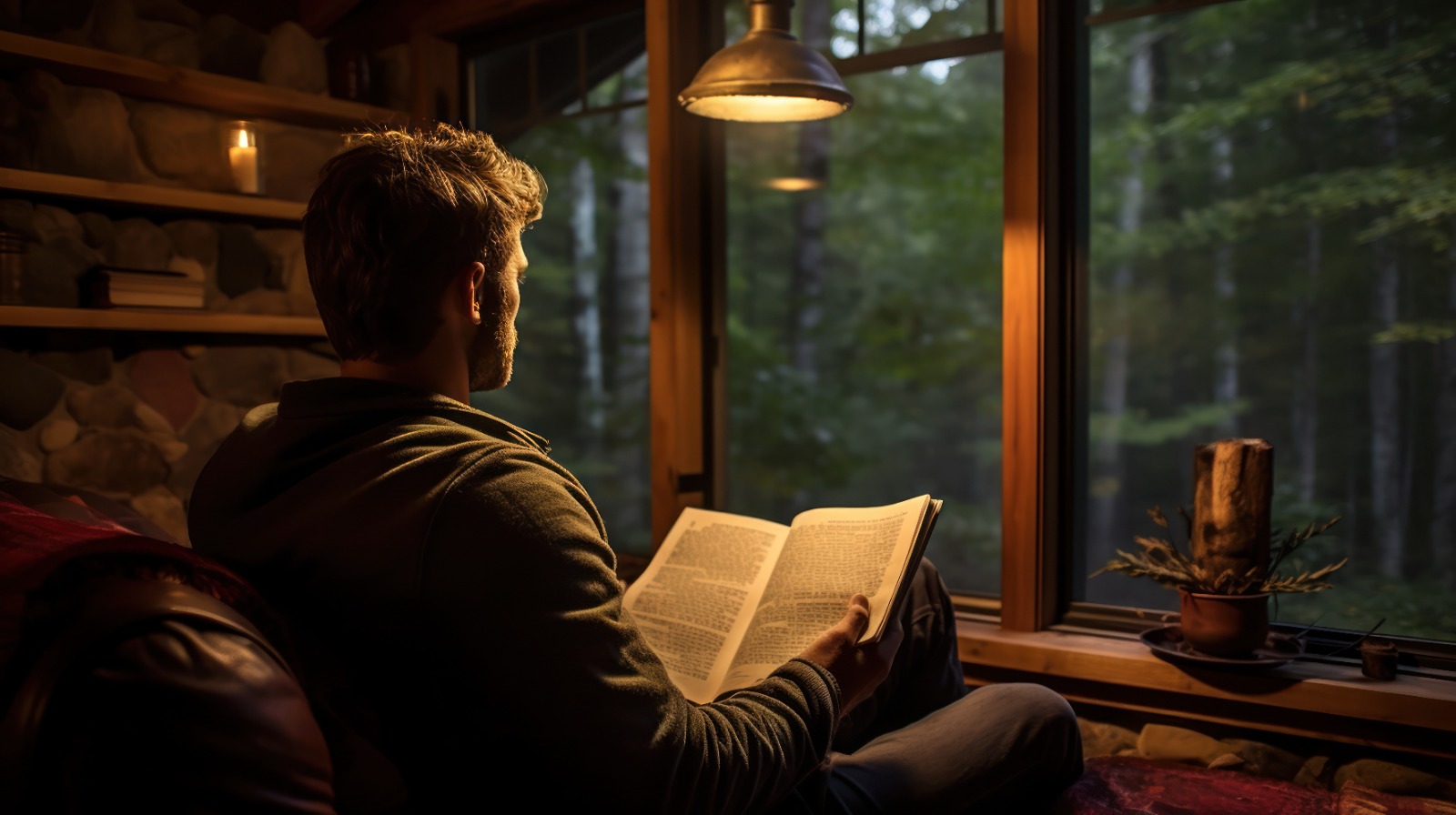 Pessoa lendo um dos Livros de Gustavo Cerbasi em um ambiente aconchegante, iluminado suavemente, com vista para uma floresta.