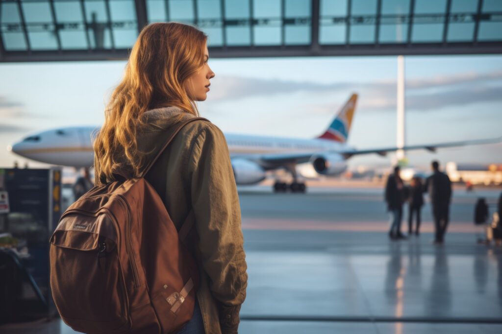 Uma mulher de costas observa um avião através da janela de um aeroporto, refletindo sobre a jornada da vida e a pergunta filosófica ‘Quem é John Galt?’”