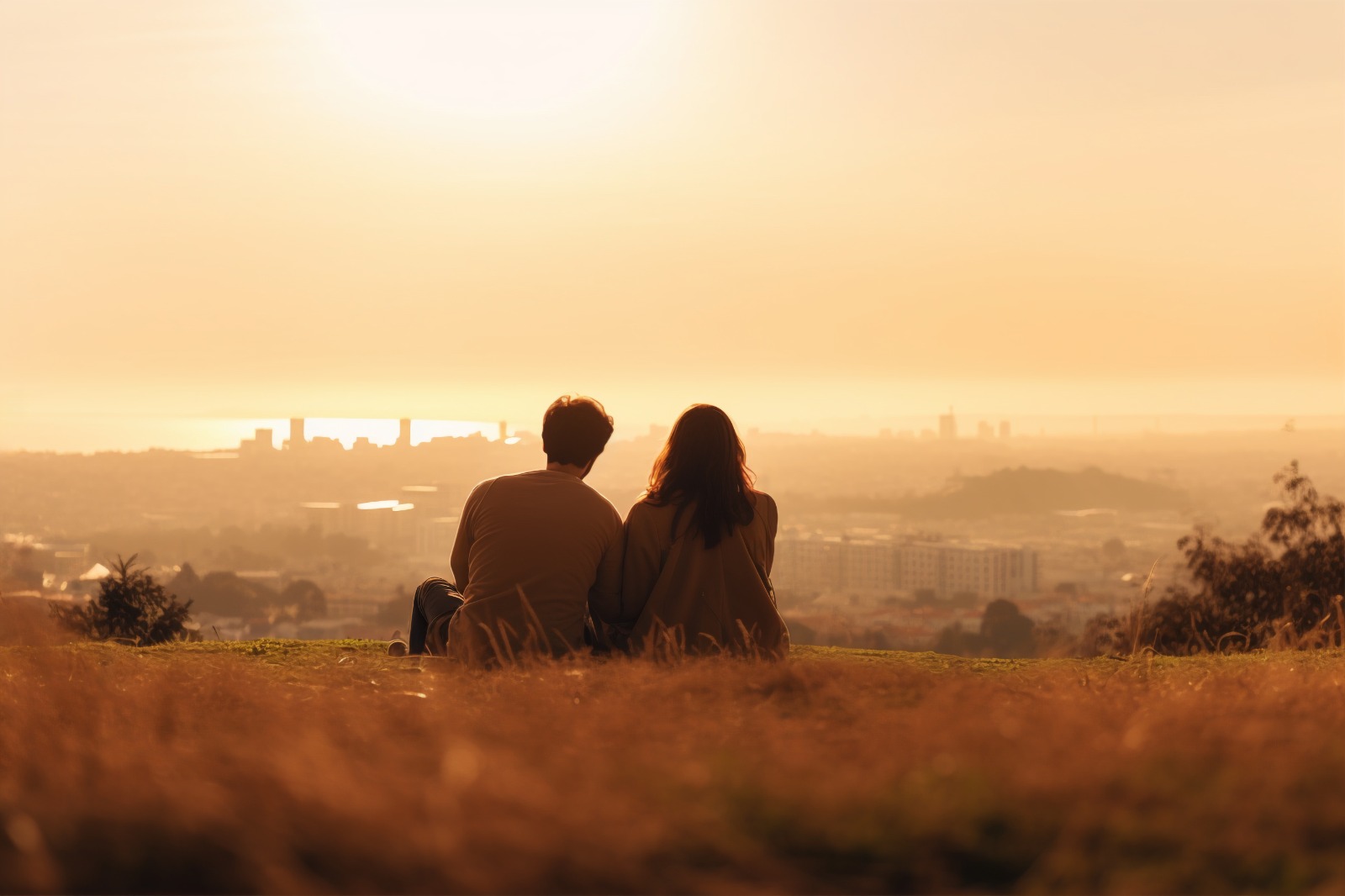 Duas pessoas sentadas juntas em um campo, observando um pôr do sol dourado sobre a cidade, simbolizando como ‘casais inteligentes enriquecem juntos’ em harmonia e amor.