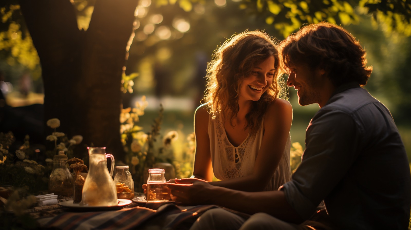 Casal feliz em um piquenique ao ar livre, cercado pela natureza e banhado pela luz dourada do sol, vivenciando o conceito de que ‘casais inteligentes enriquecem juntos’.”