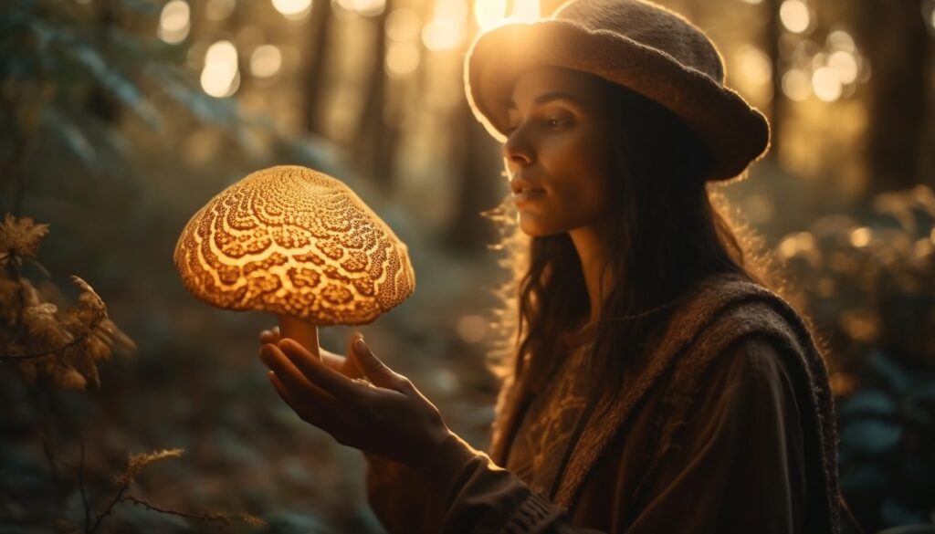 Pessoa segurando um cérebro padronizado em uma floresta iluminada pelo sol, onde a luz natural realça os detalhes intrincados do cogumelo e a atmosfera mágica do ambiente.
