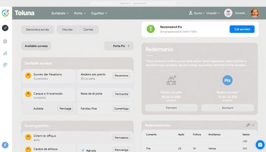 Interface do Toluna mostrando pesquisas disponíveis e sistema de pontos Interface do Toluna mostrando pesquisas disponíveis e sistema de pontos