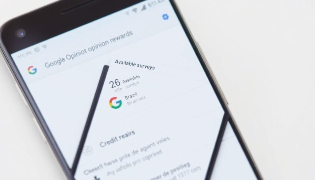 Tela do Google Opinion Rewards mostrando pesquisas e saldo disponível Tela do Google Opinion Rewards mostrando pesquisas e saldo disponível